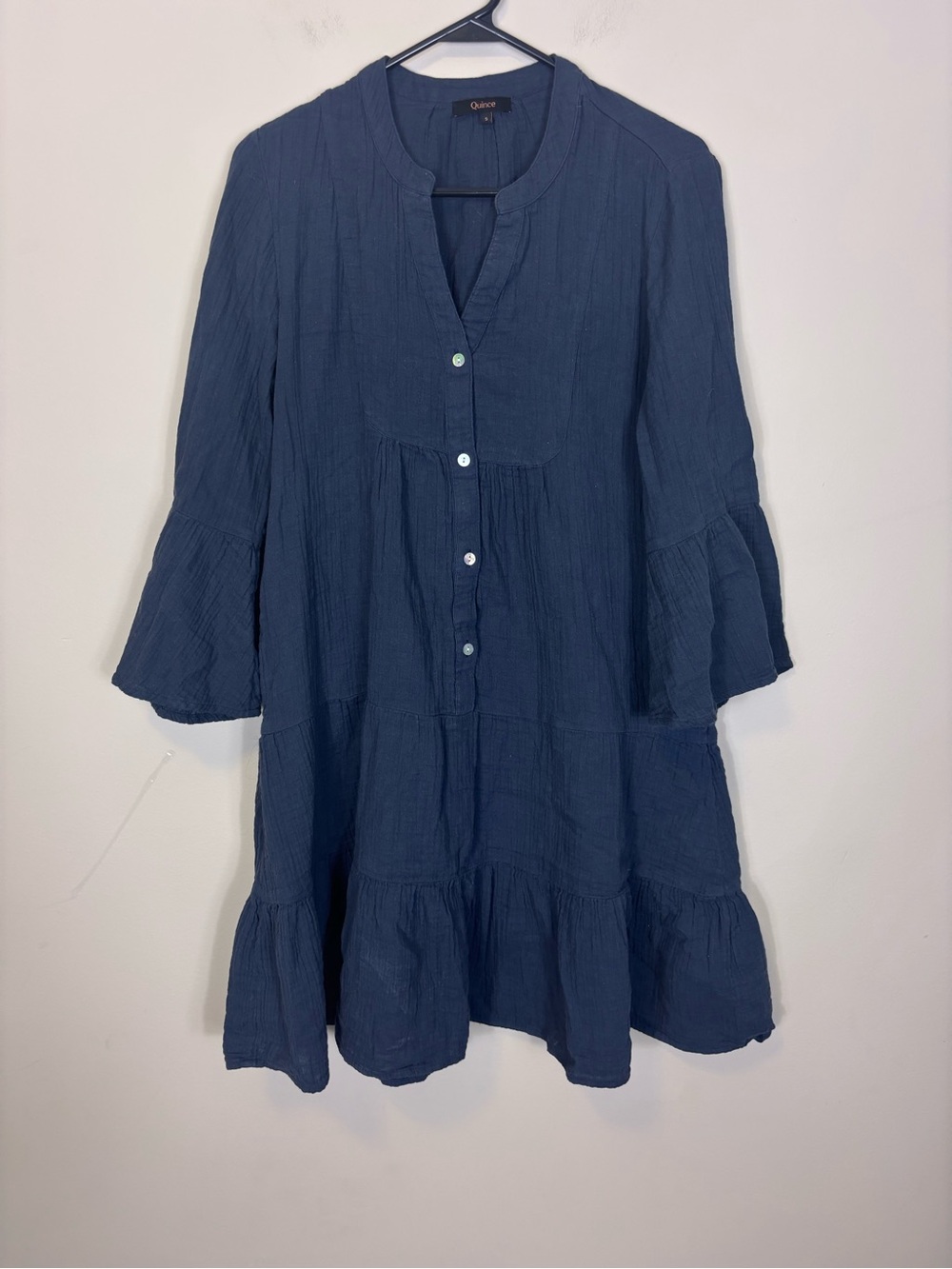 Quince Navy Tiered Button-Front Long Sleeve Dress Small